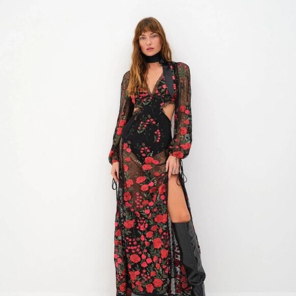 FOR LOVE & LEMONS Araceli Maxi Dress In Red Embroidered Floral NWT - Picture 2 of 12